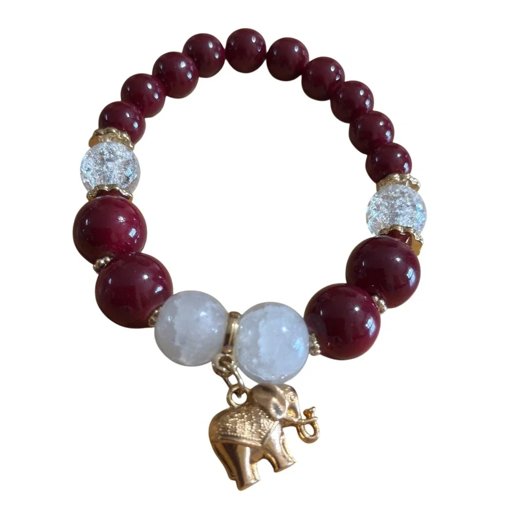 Red Beaded Elephant Charm Stretch Bracelet Gold Tone Boho Lucky Wisdom Novelty